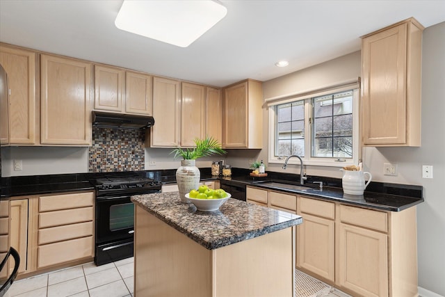 kitchen with light tile patterned flooring, a sink, under cabinet range hood, light brown cabinets, and black appliances