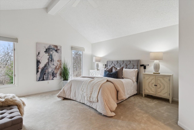 bedroom featuring high vaulted ceiling, baseboards, ceiling fan, beam ceiling, and light colored carpet