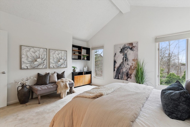 bedroom featuring high vaulted ceiling, light carpet, beam ceiling, and access to exterior