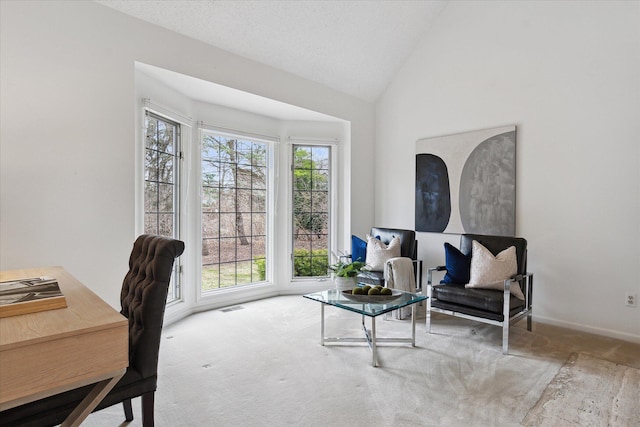 office featuring carpet flooring, baseboards, vaulted ceiling, and visible vents
