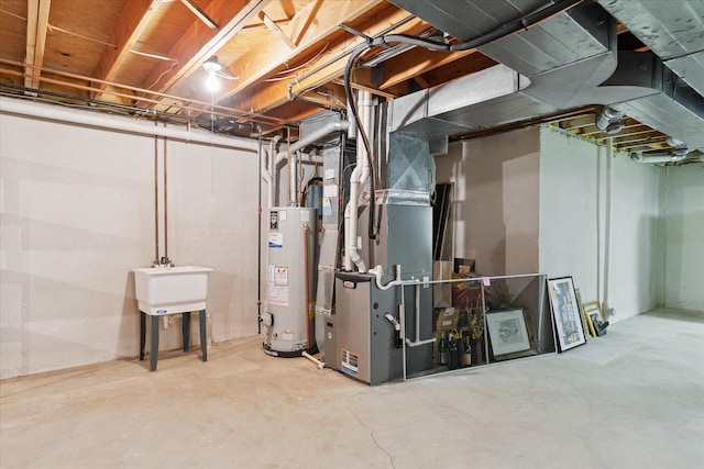 unfinished basement featuring heating unit, water heater, and a sink