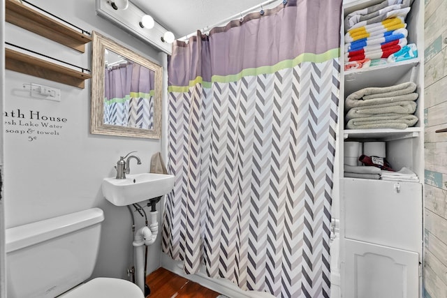 full bathroom featuring a shower with shower curtain, toilet, and a sink