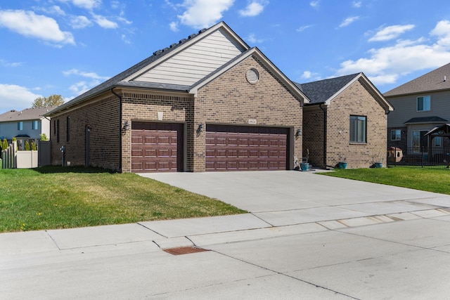 single story home with concrete driveway, brick siding, and a front yard