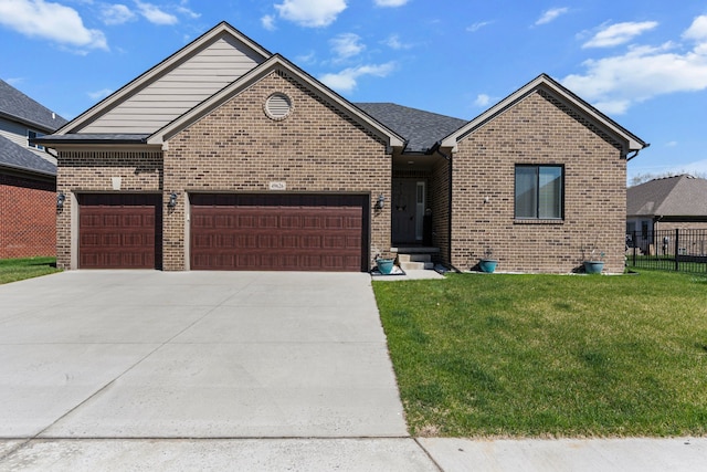 ranch-style house with a garage, fence, a front yard, brick siding, and concrete driveway