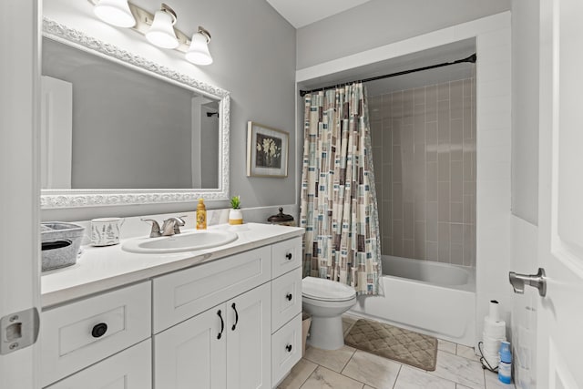 bathroom featuring vanity, shower / bathtub combination with curtain, and toilet