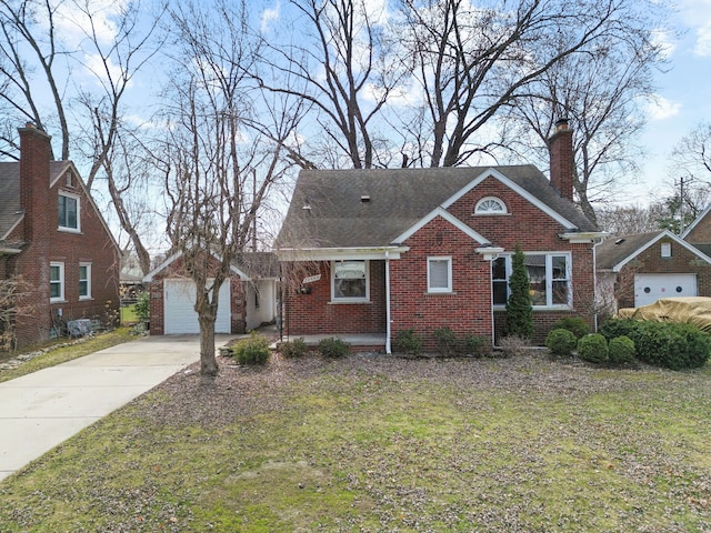 20488 Fleetwood Dr, Harper Woods, MI 48225 - view of front facade with brick siding, concrete driveway, an attached garage, and a chimney
