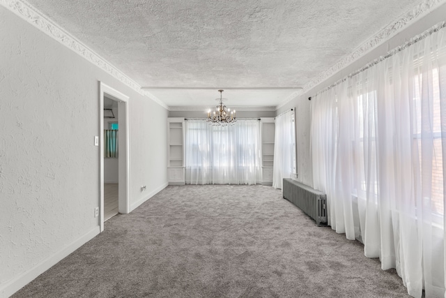 8735 Marygrove Dr, Detroit, MI 48221 - carpeted empty room featuring baseboards, a notable chandelier, a textured wall, a textured ceiling, and radiator heating unit