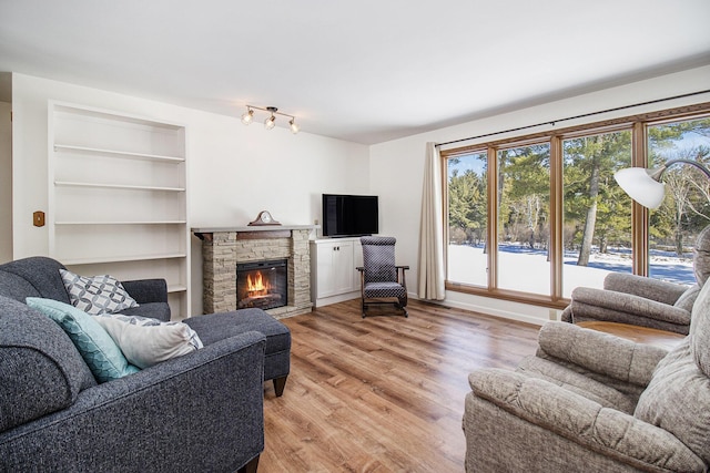 living room featuring light wood finished floors and a stone fireplace