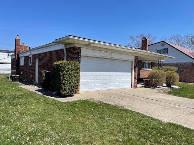 12219 Corvair Dr, Sterling Heights, MI 48312 - view of home's exterior featuring an attached garage, a lawn, driveway, and brick siding