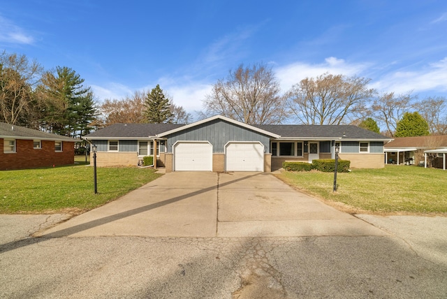 ranch-style house with driveway, an attached garage, a front lawn, and brick siding