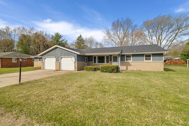 ranch-style house with a front yard, concrete driveway, board and batten siding, brick siding, and a garage