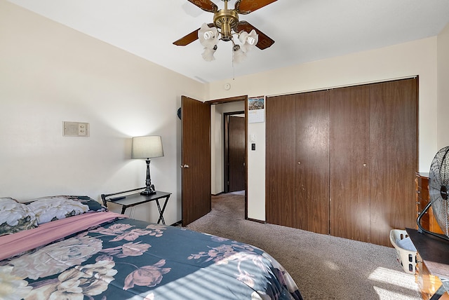 bedroom featuring a closet, ceiling fan, and carpet