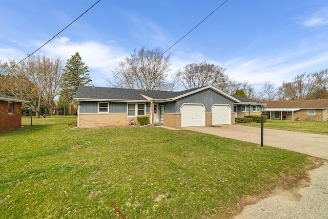 ranch-style house with an attached garage, board and batten siding, driveway, a front lawn, and brick siding