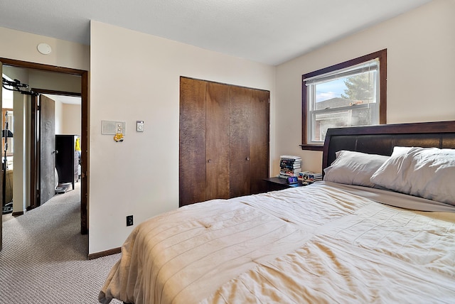 bedroom with a closet, baseboards, and carpet