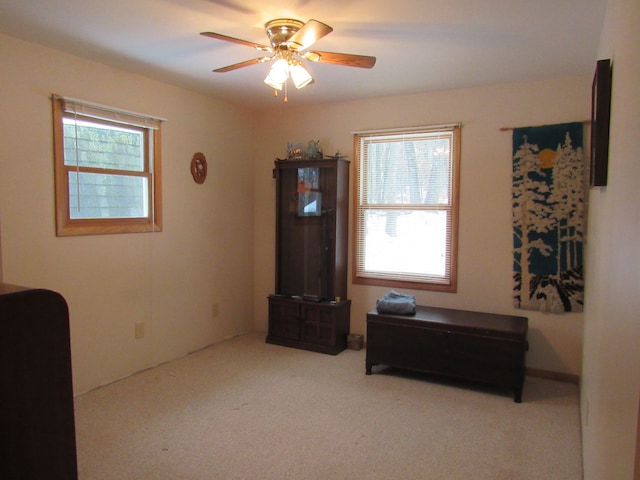 miscellaneous room featuring carpet flooring, a wealth of natural light, and ceiling fan