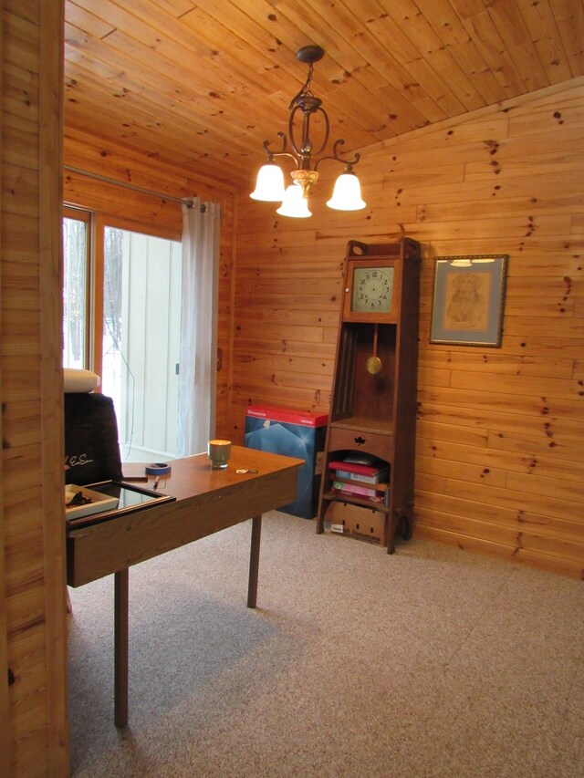 rec room with wooden ceiling, a notable chandelier, carpet, and wood walls
