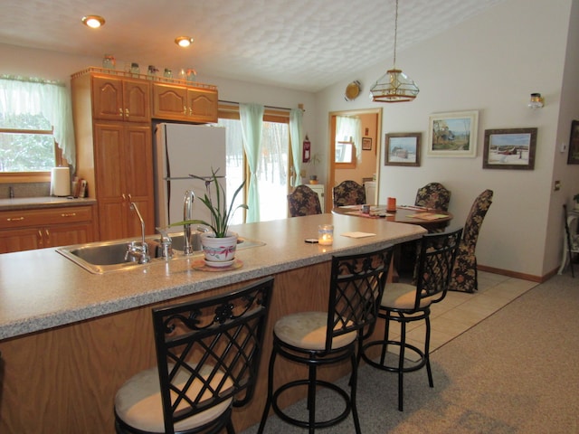 kitchen with a healthy amount of sunlight, vaulted ceiling, a sink, and freestanding refrigerator