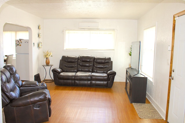 1702 Copeman Blvd, Flint, MI 48504 - living room featuring arched walkways, a wall mounted AC, and wood finished floors