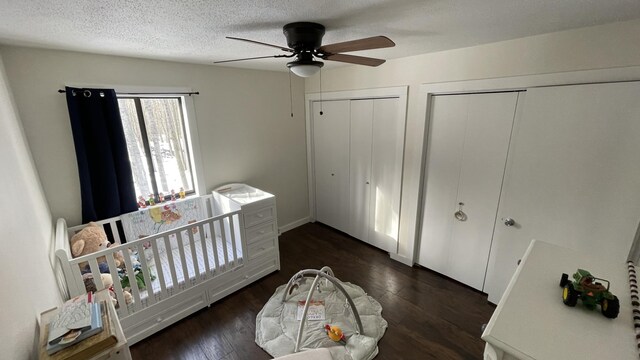 12181 Trail Creek Dr, Stanwood, MI 49346 - bedroom with a textured ceiling, wood finished floors, ceiling fan, and two closets