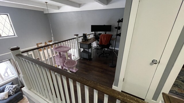 12181 Trail Creek Dr, Stanwood, MI 49346 - office with baseboards, wood finished floors, and beam ceiling