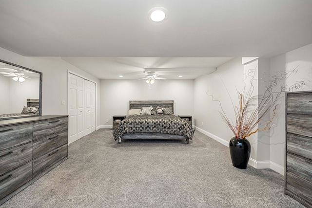 carpeted bedroom featuring baseboards, a closet, ceiling fan, and recessed lighting