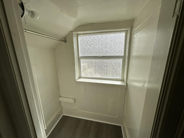 612 Lansing Ave, Jackson, MI 49202 - spacious closet with dark wood-style floors and vaulted ceiling
