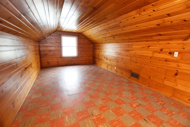 bonus room with visible vents, lofted ceiling, wooden ceiling, and wood walls