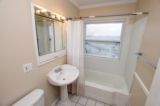 bathroom featuring toilet, crown molding, shower / tub combo, and tile patterned floors
