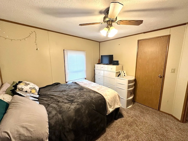 13027 Norman Rd, Brockway, MI 48097 - carpeted bedroom with ornamental molding, a textured ceiling, and ceiling fan