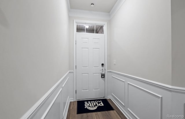 1466 Addison Cir, Walled Lake, MI 48390 - doorway featuring a decorative wall, a wainscoted wall, crown molding, and dark wood-type flooring