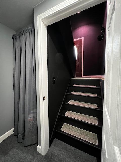stairway with carpet floors and baseboards