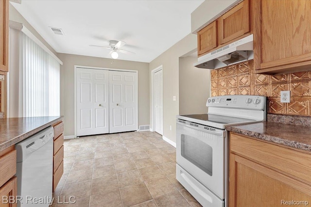 20109 Cumberland, Brownstown, MI 48183 - kitchen featuring white appliances, under cabinet range hood, ceiling fan, dark countertops, and backsplash