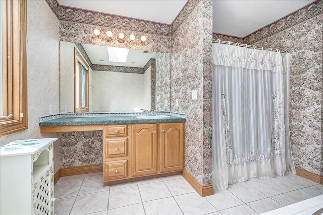16396 M-89, Augusta, MI 49012 - bathroom featuring wallpapered walls, curtained shower, a skylight, and tile patterned flooring