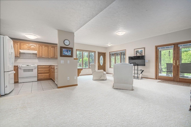 16396 M-89, Augusta, MI 49012 - kitchen featuring light colored carpet, open floor plan, under cabinet range hood, and white appliances