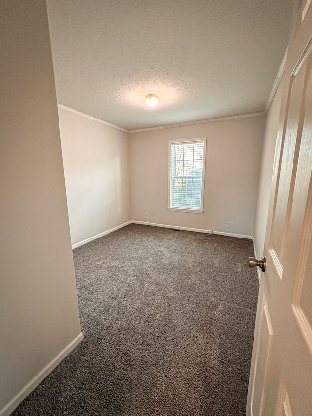 carpeted spare room with crown molding, baseboards, and a textured ceiling