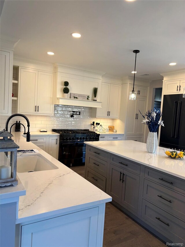 1223 N Main St, Rochester, MI 48307 - kitchen featuring black appliances, open shelves, gray cabinetry, decorative backsplash, and white cabinets