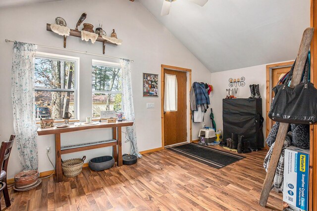 16824 Shawano Dr NE, Sand Lake, MI 49343 - entryway with wood finished floors, vaulted ceiling, ceiling fan, and baseboards