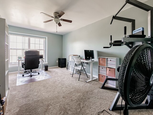 home office with carpet floors, baseboards, and ceiling fan