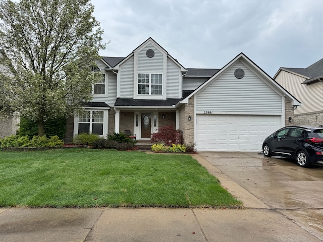 traditional-style home with roof with shingles, an attached garage, brick siding, a front yard, and driveway