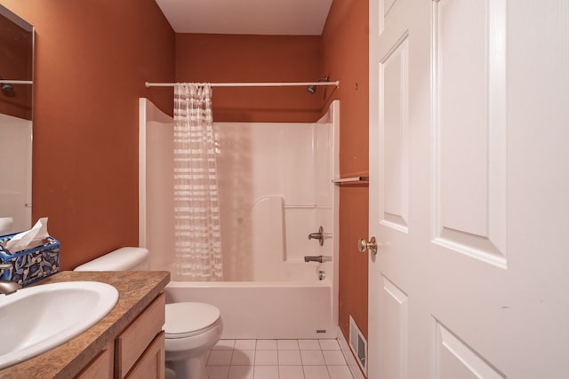 full bath featuring visible vents, toilet, shower / bathtub combination with curtain, vanity, and tile patterned flooring