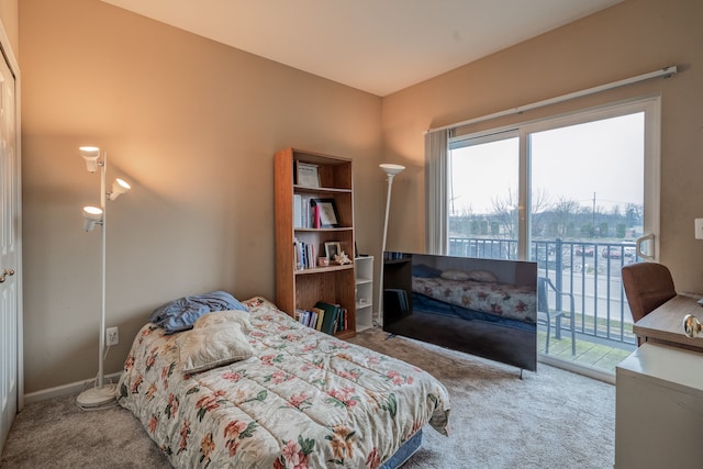 bedroom with access to outside and carpet floors