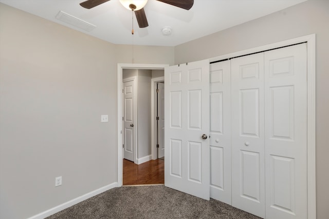 33172 Swallow Dr, Rockwood, MI 48173 - unfurnished bedroom featuring a closet, ceiling fan, baseboards, carpet flooring, and visible vents