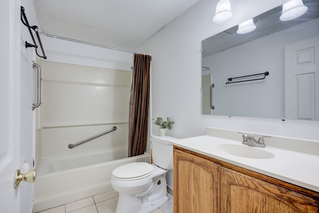 full bathroom featuring shower / tub combo with curtain, toilet, tile patterned flooring, and vanity