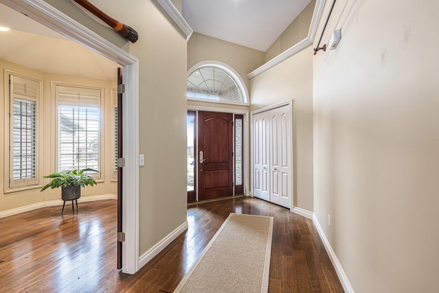 foyer entrance featuring baseboards, a towering ceiling, and dark wood-style flooring