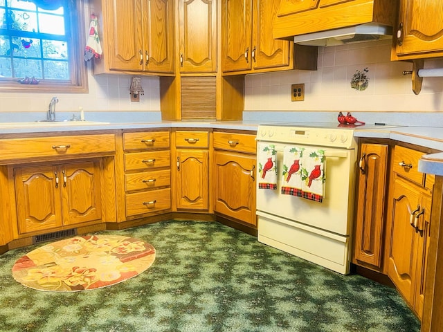 kitchen featuring a sink, white electric range, and brown cabinets