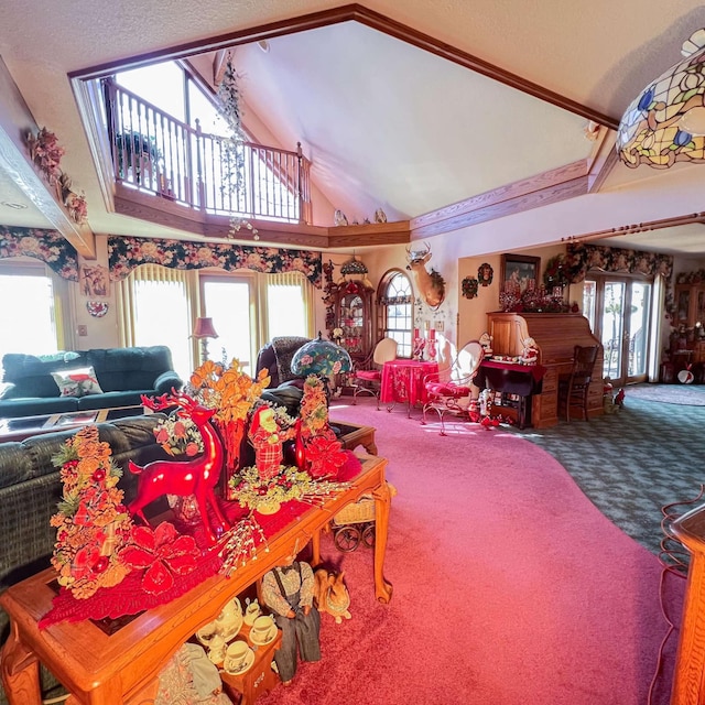 carpeted living room with high vaulted ceiling and a wealth of natural light
