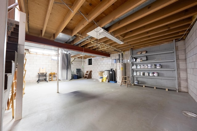 unfinished below grade area with water heater, concrete block wall, and electric panel