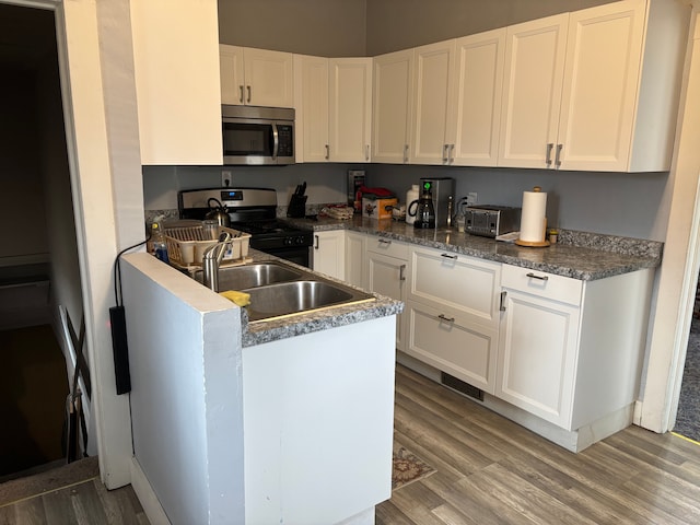 1720 White St, Port Huron, MI 48060 - kitchen featuring stainless steel appliances, light wood-style floors, white cabinetry, a sink, and a peninsula