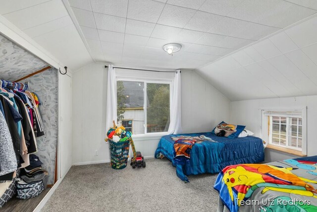 bedroom with multiple windows, lofted ceiling, and carpet
