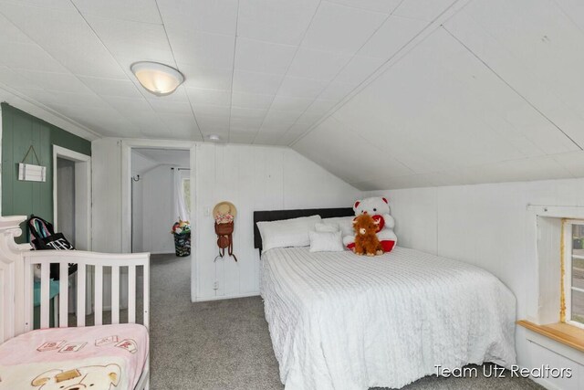 bedroom featuring lofted ceiling and carpet flooring
